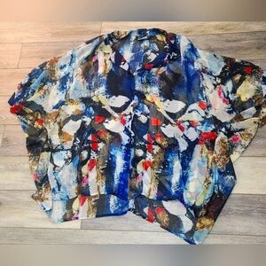 Alain Weiz Abstract Multicolor Button Up Sheer Kimono Top Size 30